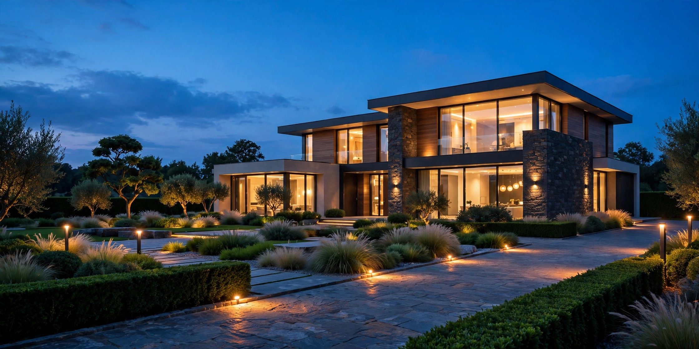 A modern luxury home glowing at dusk during an evening open house