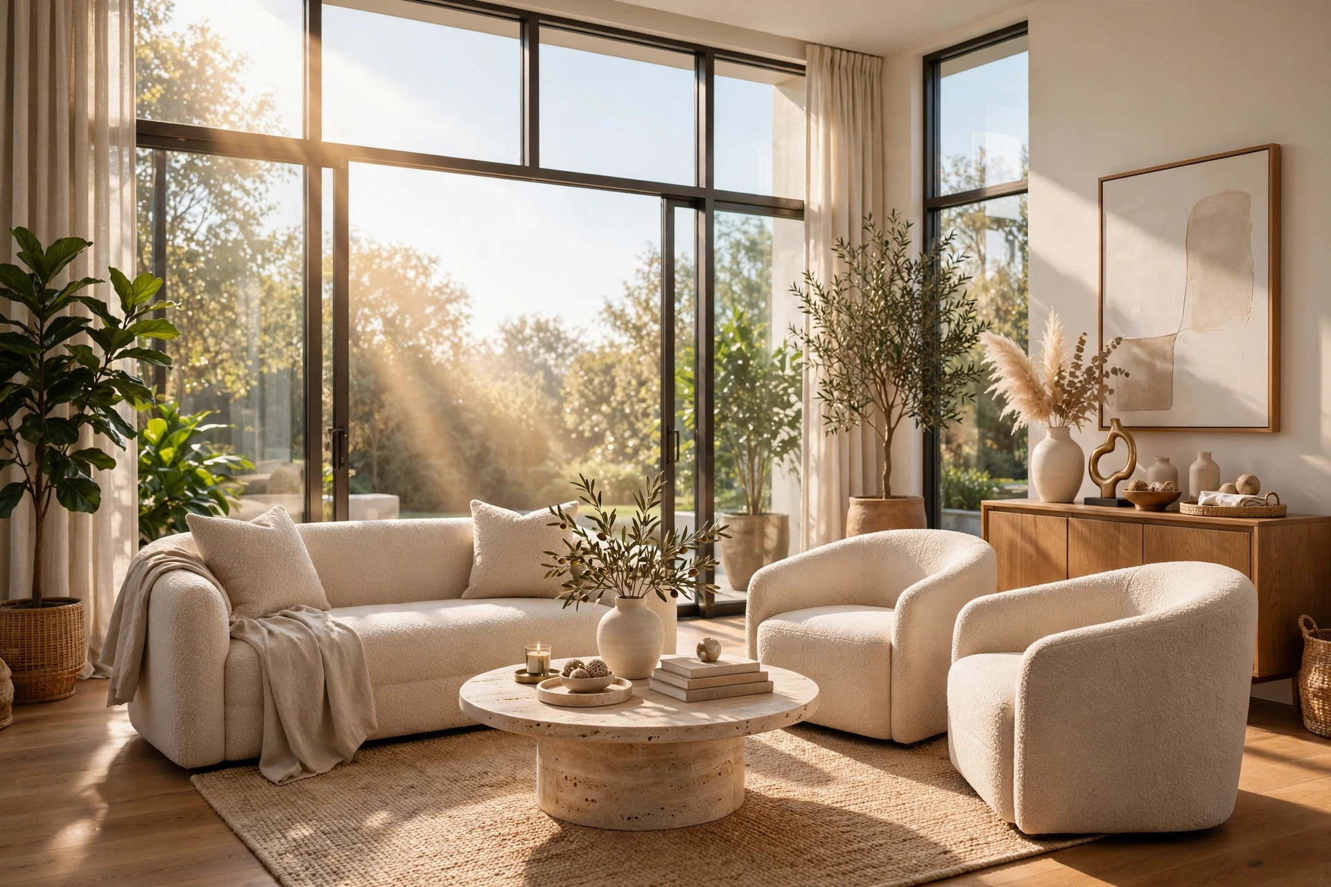 A sunlit luxury living room with floor-to-ceiling windows, staged for an open house